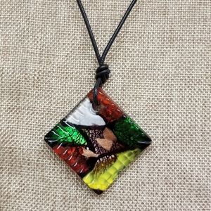 Fused GLASS Necklace 19" multi color 2.5 pendant